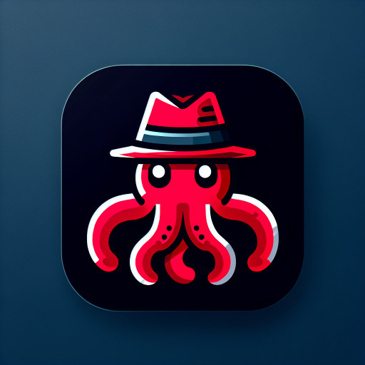 Mascot logo of an octopus wearing a classic fedora hat, clean vector style, bold outlines, minimal colors.