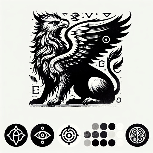 create an icon with a griffin. put a high focus on the aesthetic. if you can make a connection to the goddess nemesis but thats not the main focus. make it black and white. make it face the camera and the face the main element 
