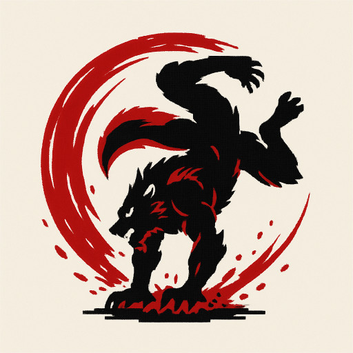 ability icon: werewolf mid-air acrobatic flip with powerful spin, hands on the ground, legs in the air. red glowing  motion blur trail, blood splatter impact, muscular fur rippling, intense ferocious pose, circular 512x512, red-black moonlit background
