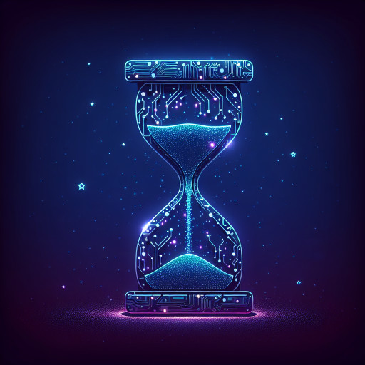 Digital hourglass made of holographic circuit traces, glowing sand flowing upward, deep navy backdrop with star dots.