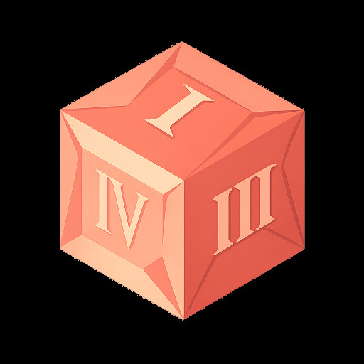 a brightly colored dice showing faces with roman numerals