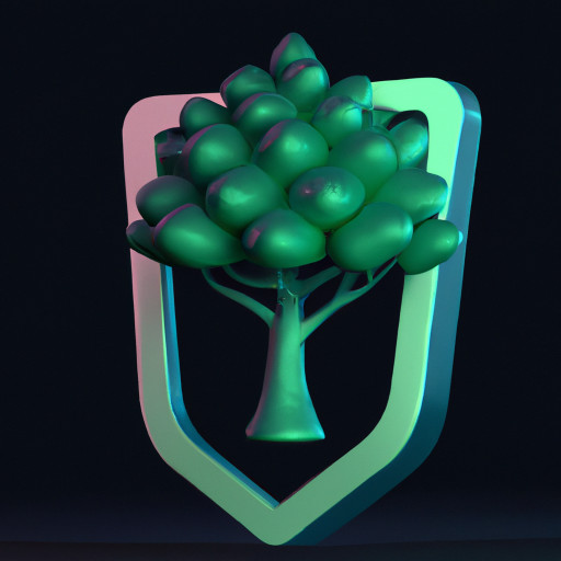 A green modern tree on the dark background in the back half visible blue shield