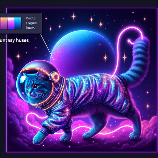 Describe a cat wearing a silver coat and a space helmet, strolling under neon lights.