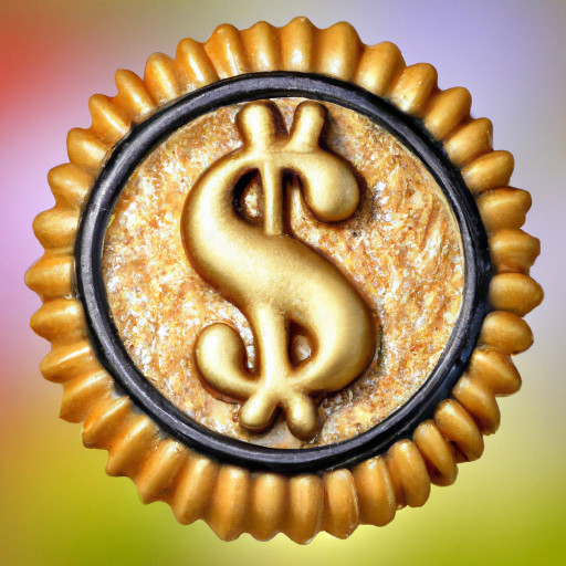 a plain gold coin with a black pixelated dollar sign in the middle, with a colourful background
