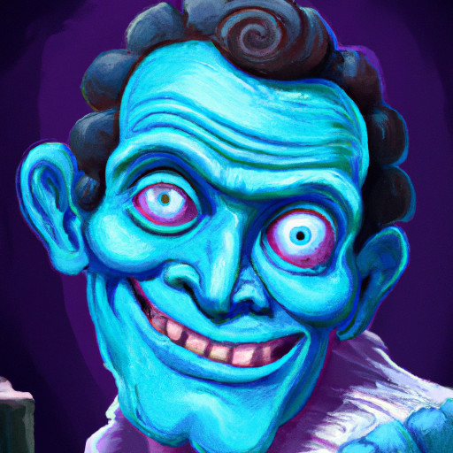 Make a picture of Frankenstein. He ist smiling but his eyes are open and look in the cameta
