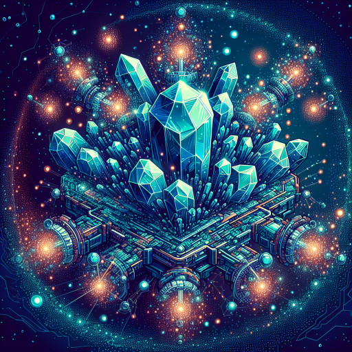 Cluster of crystalline meteoroids wrapped in mining rigs and tractor beams, cool teal glow with orange sparks