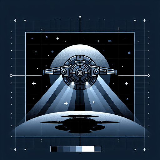 Disc-shaped vanguard craft casting a shadow over planet, synchronized beam projectors in silver and black