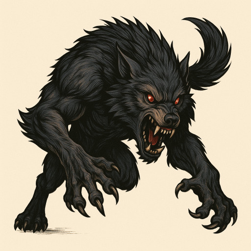 An angry werewolf, with red eyes, in pouncing motion

