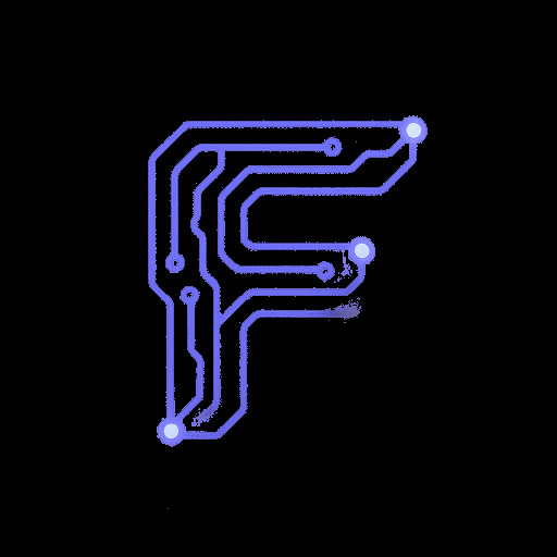 An abstract letter F formed by connecting digital circuit lines and glowing data nodes. High-tech network concept. Sleek and intricate line work showing connectivity and flow.