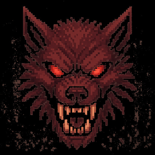 werewolf mob face icon, fierce pixel art style, close-up snarling front view, glowing red eyes, sharp fangs, aggressive angry expression, simple dark forest background, 512x512 square, clean edges, highly detailed pixels, dramatic lighting