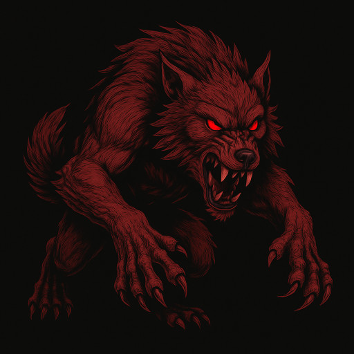An angry werewolf, with red eyes, in pouncing motion

