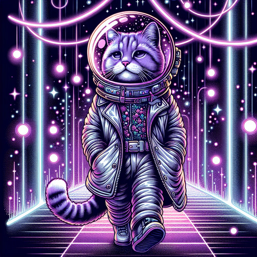Describe a cat wearing a silver coat and a space helmet, strolling under neon lights.