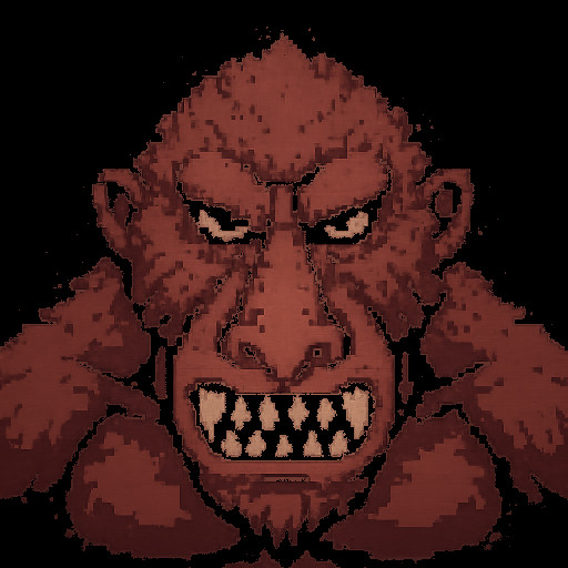 one piece "humandrill" face icon, menacing pixel art style, close-up angry front view, drill nose, sharp teeth grin, muscular jaw, brown furred face, simple rocky background, 512x512 square, clean edges, highly detailed pixels, intense expression"