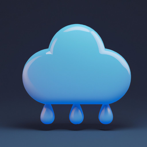 3D Apple-style macOS app icon of a soft rounded rain cloud with falling drops, glossy translucent blue material, smooth gradients, subtle reflections, minimalistic, premium, calm atmosphere, dark blue background, soft ambient glow.