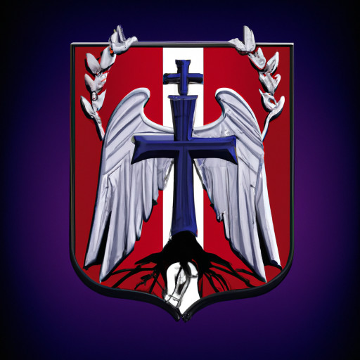 Icon for "Biblical Nationalism": Christian cross in a shield or eagle with cross or tree with deep roots. Royal blue background, white symbol, crimson red accents. Style: strong, noble, traditional, serious, historic.