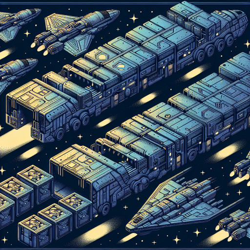 Armored cargo barges linked by holo crates, escorted by small fighters, gold accents over starfield