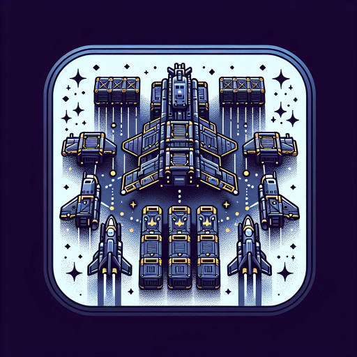 Armored cargo barges linked by holo crates, escorted by small fighters, gold accents over starfield