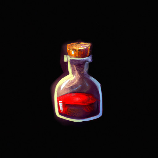 potion in a large glass vial with a stopper on top on black background