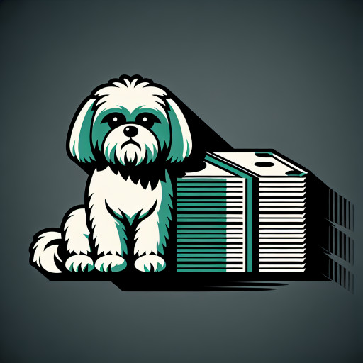 white Shih Tzu dog with a stack of cash