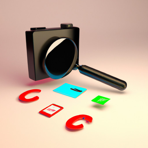 Camera and magnifying glass icon and letters and list