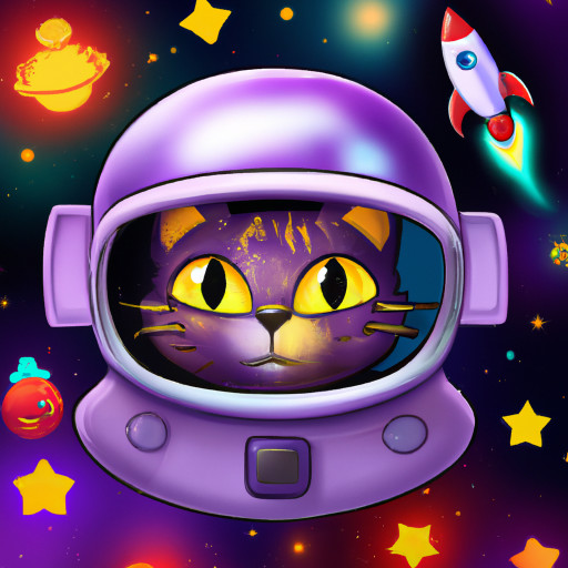 a cartoon cat in a spacesuit, inside a helmet filled with stars and planets. Background: colorful galaxy with shining stars and a rocket. 