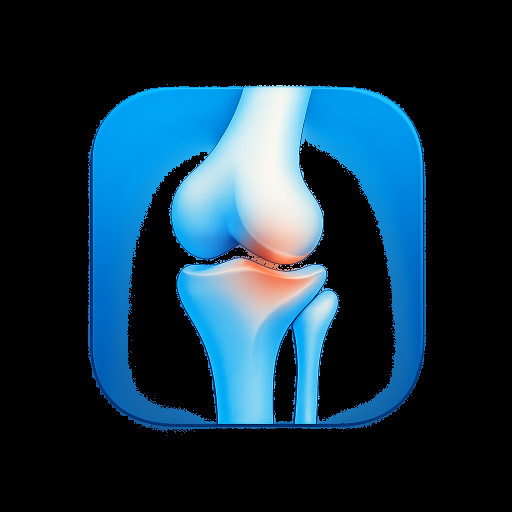 Minimal 3D medical app icon. Stylized knee joint with smooth solid surfaces, not cartoon. Soft lighting, subtle depth and shadows. Clean blue and white palette with small orange stress highlight. Simple form, professional biomechanical software style.