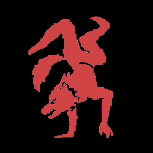 A werewolf side profile, with red eyes, doing a flip dance with his hand on the ground
