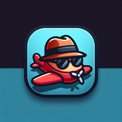 Cartoon mascot icon of a small airplane wearing a fedora hat and sunglasses, playful vector style, clean lines, minimal colors.