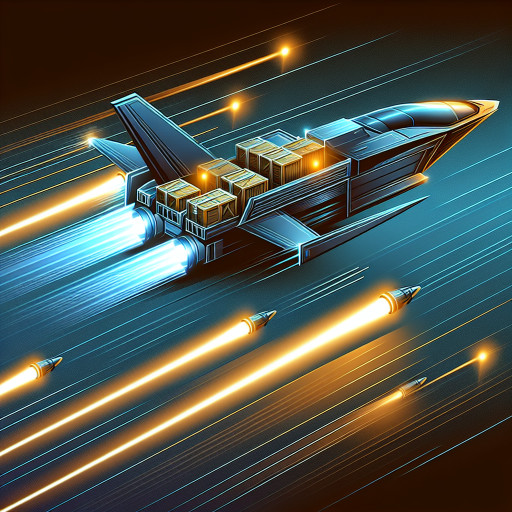 Fast courier ship darting through beacons, contraband crates highlighted by amber warning lights