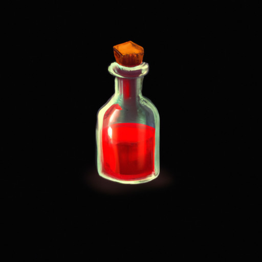 potion in a small glass vial with a stopper on top on black background