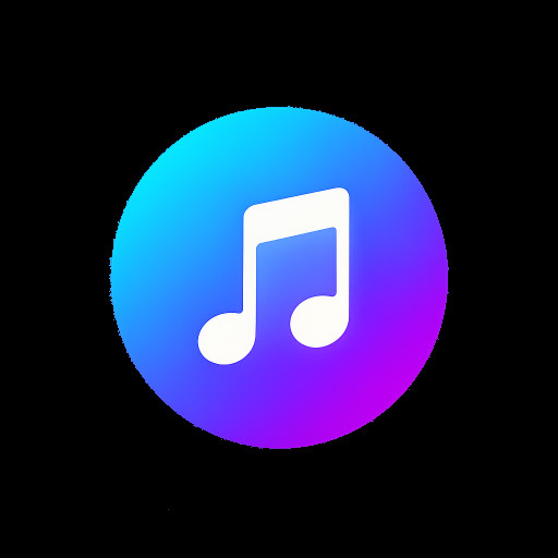 A minimal mobile app icon: a solid circular button with a neon blue to purple gradient background. In the center, a single white musical note icon. Flat design, no text, no outline, no shadow. Modern, high contrast, readable at small sizes. 