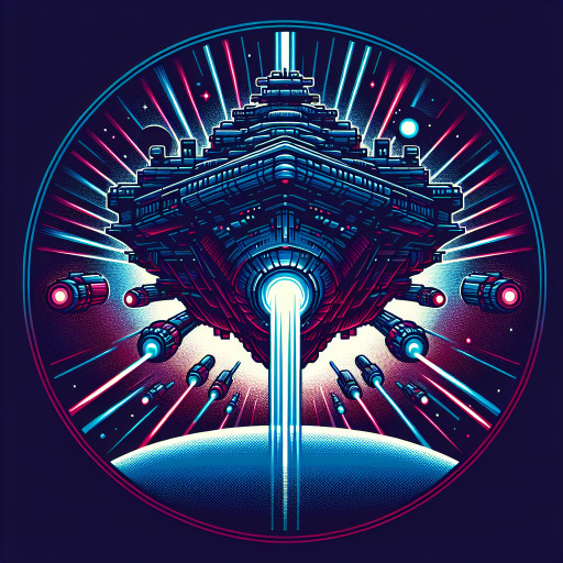 Massive battleship eclipsing a planet, multiple beam cannons charging in deep red and cobalt hues