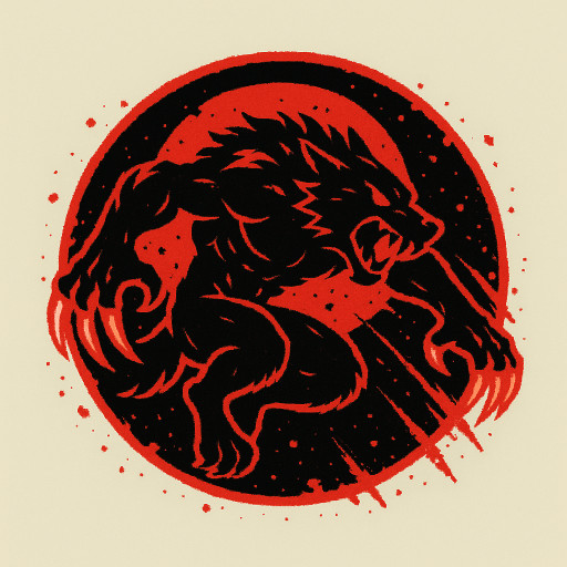 One Piece anime "Pounce" ability icon: werewolf mid-air leap, red glowing claws extended biting, motion blur trail, blood splatter, muscular fur, intense pose, circular 512x512, red-black moonlit background
