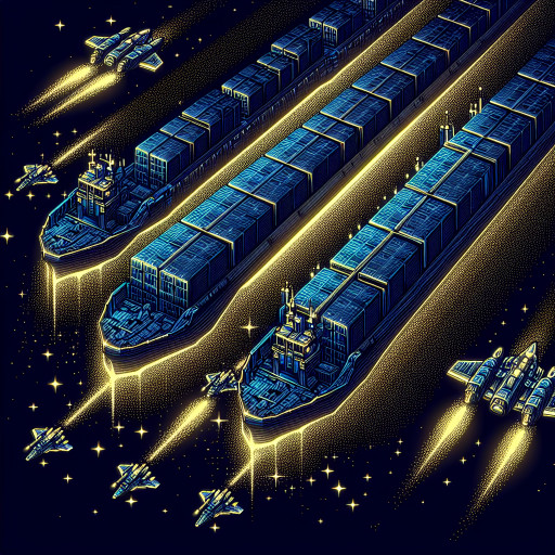 Armored cargo barges linked by holo crates, escorted by small fighters, gold accents over starfield