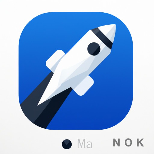 2D flat logo: a rocket launches diagonally to the top-right from a hovering platform. The platform is the focus, floating with a blue energy glow beneath. Style: simple geometric shapes, clean lines, minimal detail, 3-color palette.