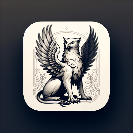 Create an aesthetic griffin icon. Optional subtle link to the goddess Nemesis. Griffin should be front-facing, upright, with wings slightly open and looking directly at the viewer in a typical mascot pose.