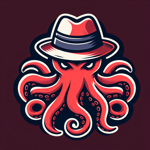 Freundliches Maskottchen-Logo: Oktopus mit klassischem Fedora-Hut, klarer Vektorstil, deutliche Konturen, einfache Farbpalette, geeignet als Server-Logo.