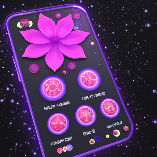 A space-themed background with purple and blue flowers, cosmic nebulae, and dust. The center should feature an image of radio waves and a telephone connection between two phones. Everything else should be designed in a liquid glass style.
