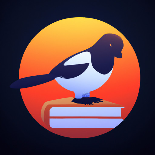 magpie with simple round shapes sitting on a book.