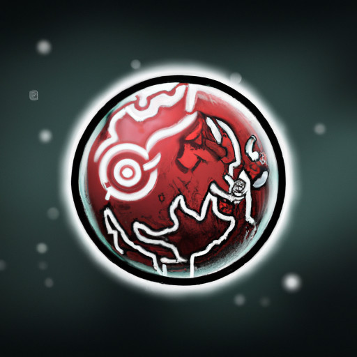 A floating RPG planet with continents on it, with magic and weapon motifs surrounding it, and a circle of 15 dots circled around it.