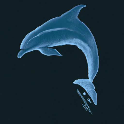 A blue dolphin that has jumped into the air and is diving back into the water with small smile.