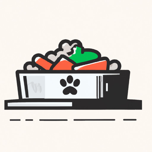 Line icon of a pet food bowl filled with balanced natural ingredients like vegetables and meat. Flat, modern, minimal style.