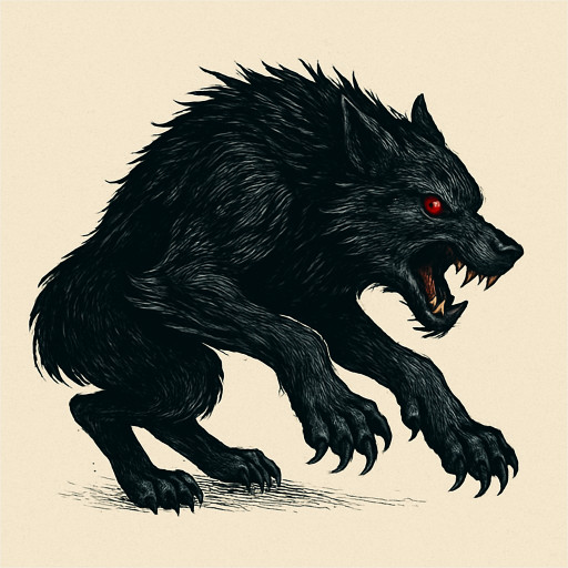 An angry werewolf, with red eyes, side profile in pouncing motion

