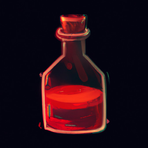 potion in a large glass vial with a stopper on top on black background