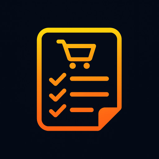 shopping list app with black background and the logo with yellowish-orange color
