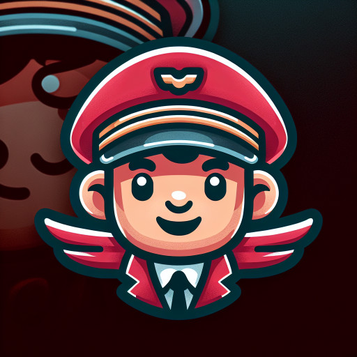 Humorous cartoon icon of a pilot with a fedora hat instead of a pilot cap, cheerful vector illustration, minimal flat colors.