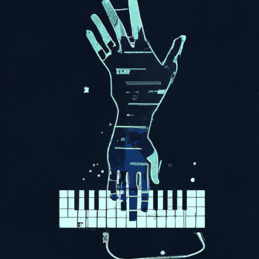 a cybernetic hand playing an imaginary keyboard