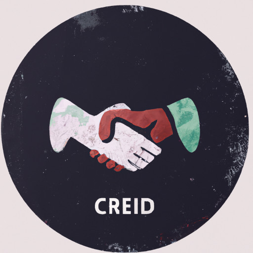 Minimalist flat vector icon for Credits menu. Two human silhouettes or handshake inside a round shape. Survival theme with wood/stone texture, rough edges, earthy colors (brown, green, gray). No text, clean, mobile UI ready.