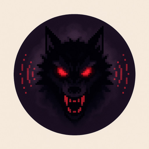 One Piece anime werewolf icon "Deppenses": fierce head with glowing red eyes scanning darkness, red particle waves detecting players, foggy aura, fangs bared, night vision glow, circular 512x512 icon, dark purple background
