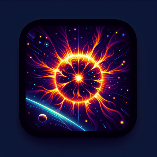 blazing sun ejecting plasma arcs onto a small planet, vivid orange/yellow flares on dark space background